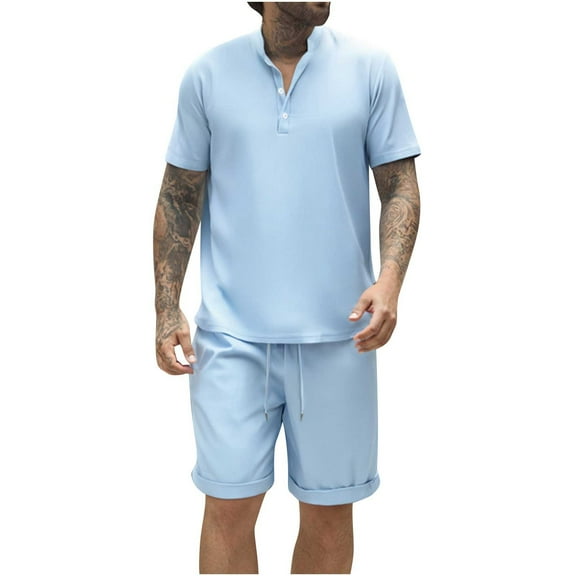 Ohufall Plus Size Shorts Set for Men 2 Piece Outfits Fashion Solid Casual Short Sleeve Stand Collar Shirts with Shorts Summer Men Tracksuit Sets