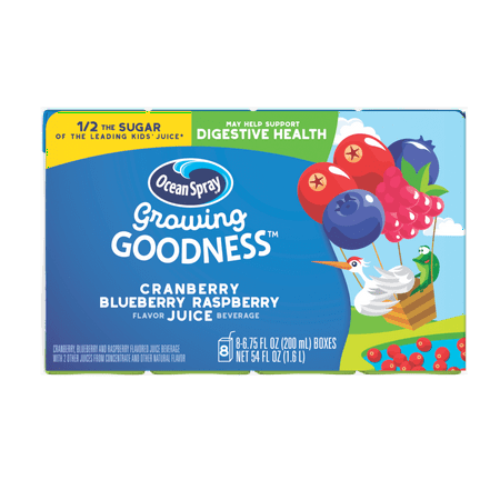(32 Juice Boxes) GROWING GOODNESS CRANBERRY BLUEBERRY RASPBERRY Flavor Juice Beverage, Digestive Health , 32-6.75fl oz Juice Box
