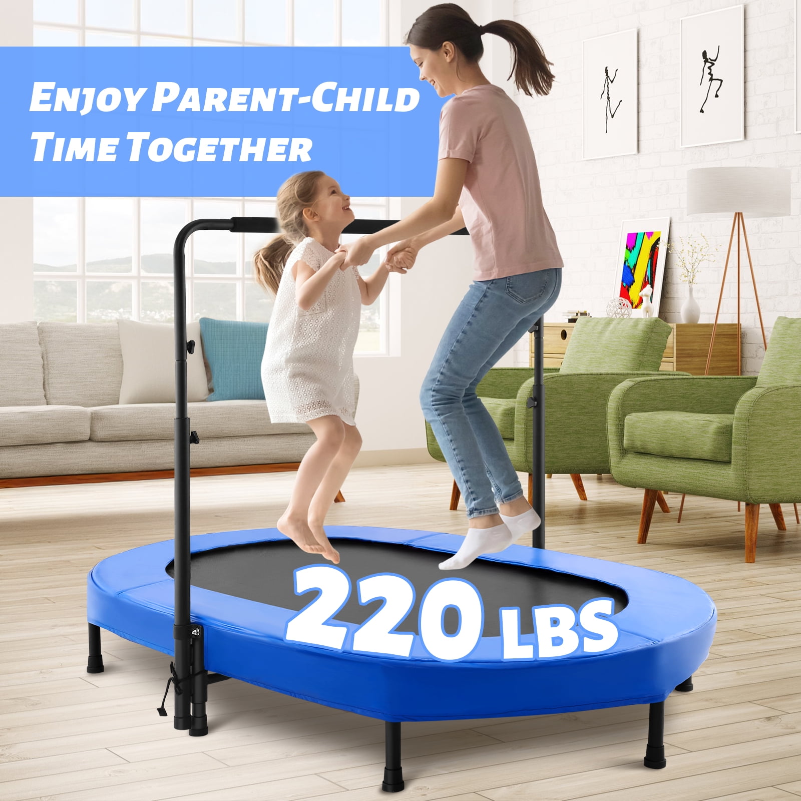 Foldable Trampoline, Mini Rebounder Trampoline with Adjustable Handle, Exercise Trampoline, Parent-Child Kids Twins Trampoline Max Load 220lbs