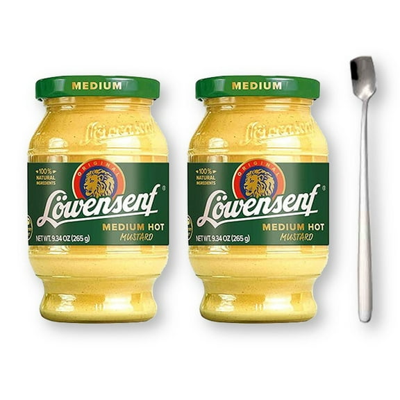 Lowensenf Medium Hot Mustard 10.05 oz.(285 g) 2-Pack with Sleek Stainless Steel Spoon (3-Piece Set)