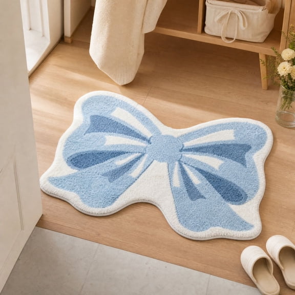 Cute Bow Themed Bedroom Floor Mat, Non Slide Stainproof Sturdy Easy Clean Area Rug with Rubber Backing, for Window Bedside Living Room and Entryway Decor, Blue