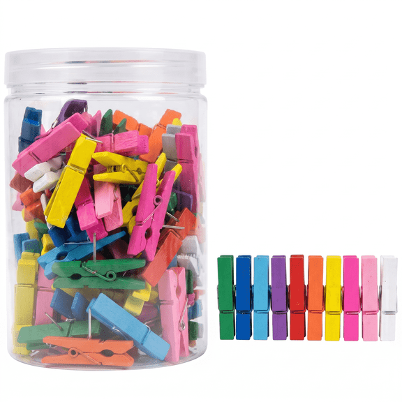 100 Pieces Decorative Push Pins with Wooden Clips, Multi-Color Tacks for Photos & Notes