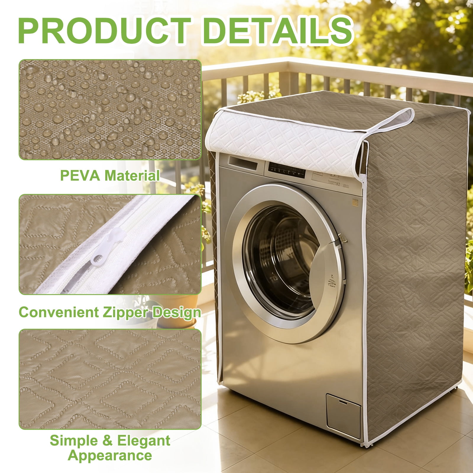 Washer and Dryer Covers 24"x24"x33"- Waterproof, Dustproof PEVA Front Load Washing Machine Cover with Zipper for Laundry Room Balcony, Brown