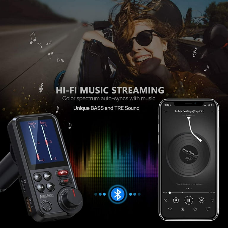 FM Bluetooth Transmitter for car, Strong Microphone Bluetooth Car Adapter  with 1.8 Color Screen for Hands Free Calls, Supports QC3.0 Charging,  Treble and Bass Sound Music Player 