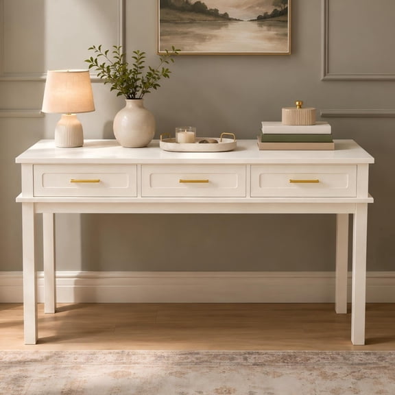 Zinkitool White Vanity Desk with 3 Drawers, 47" Modern Makeup Table without Mirror, Multipurpose Dressing Table for Bedroom