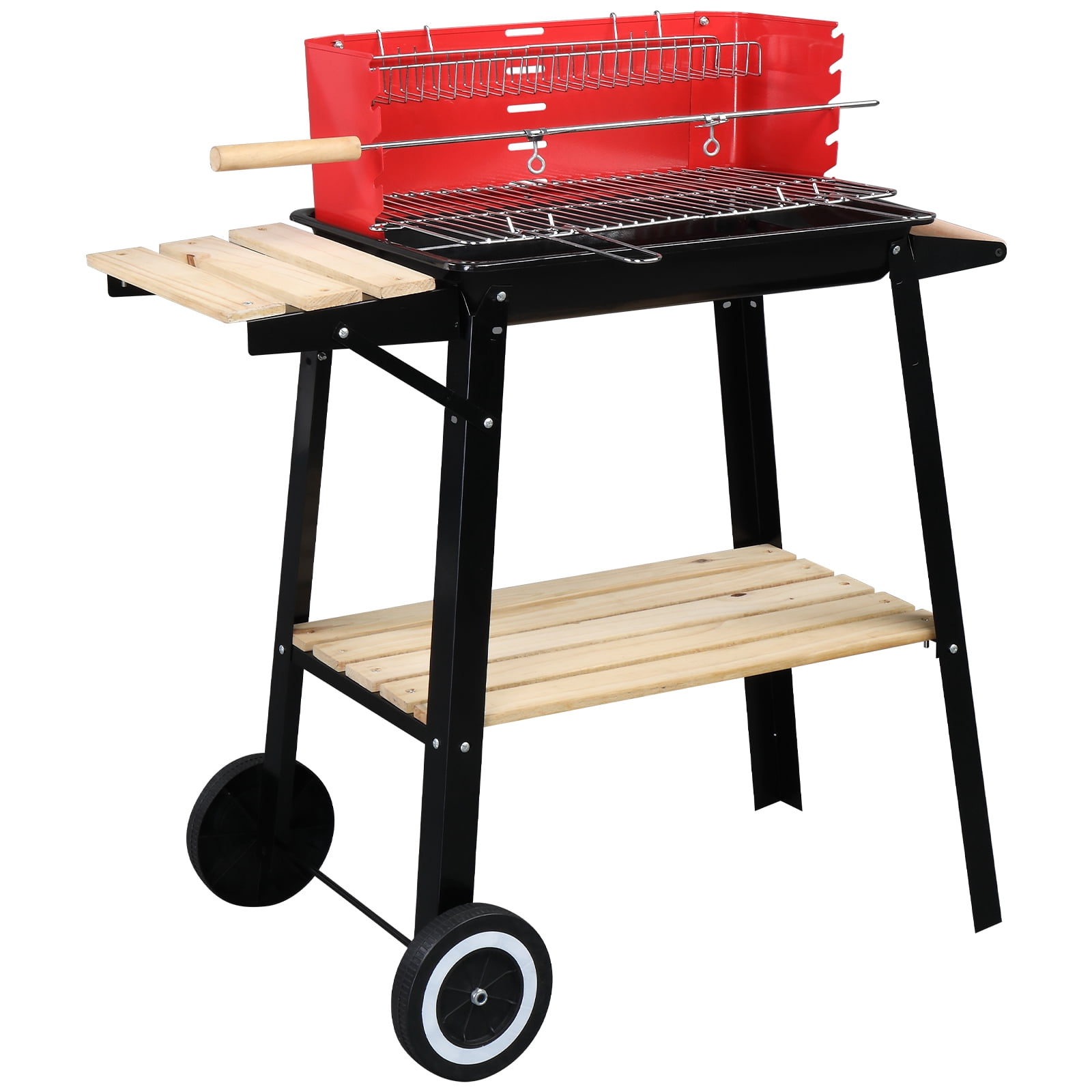 Enamel Charcoal Oven with Wheels, 85*42*86cm, Black/Red, Portable and Easy-to-Move, Perfect for Outdoor BBQ Parties.