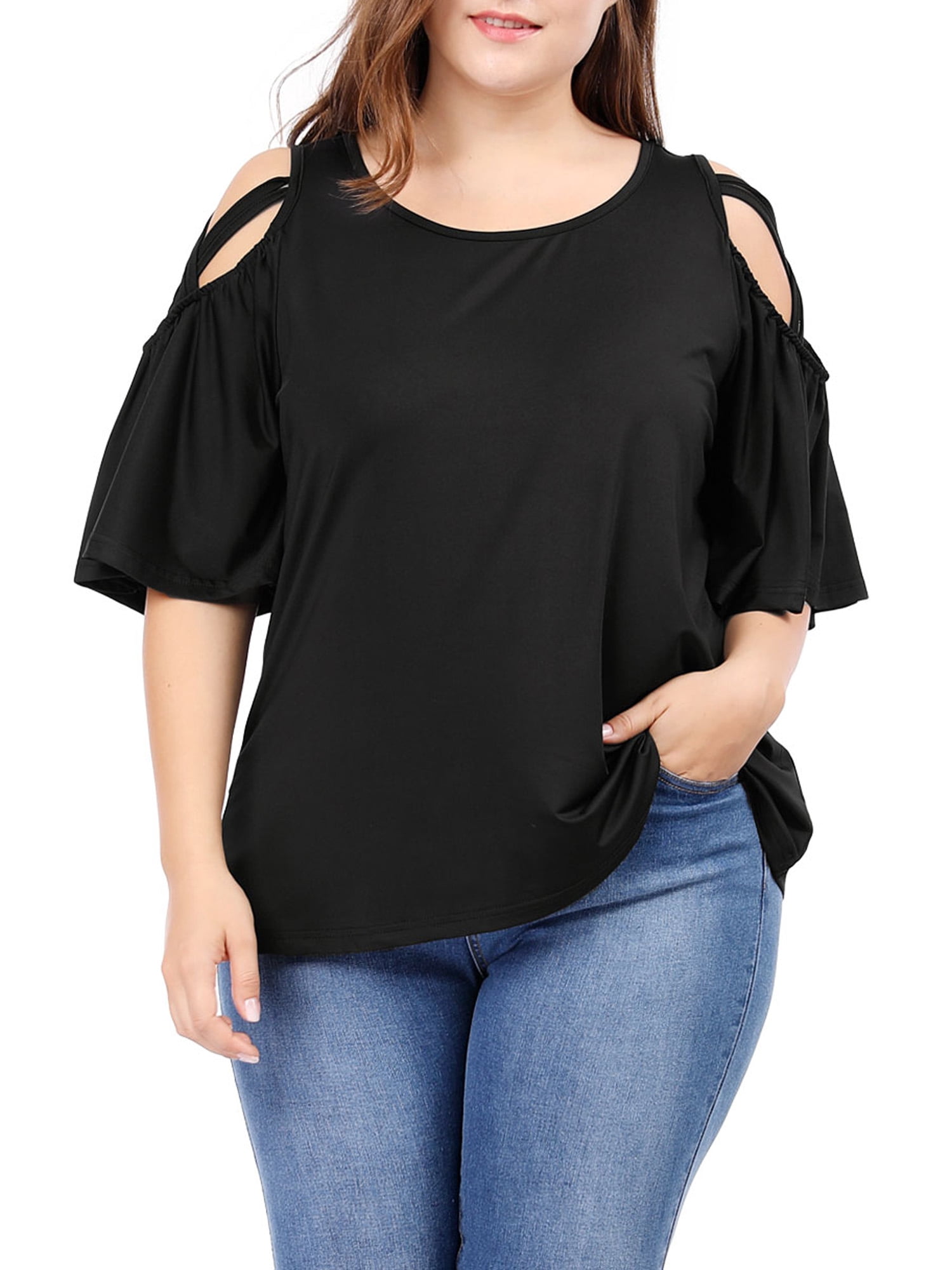 Unique Bargains Juniors' Plus Size Strappy Shoulder Trumpet Sleeves Top 4X Black