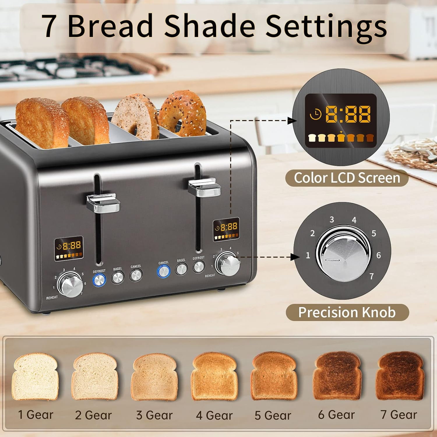 4 Slice Stainless Toaster with LCD Display, 7 Shade Settings, Wide Slots, Bagel/Defrost/Reheat Functions, Removable Crumb Tray, 1800W