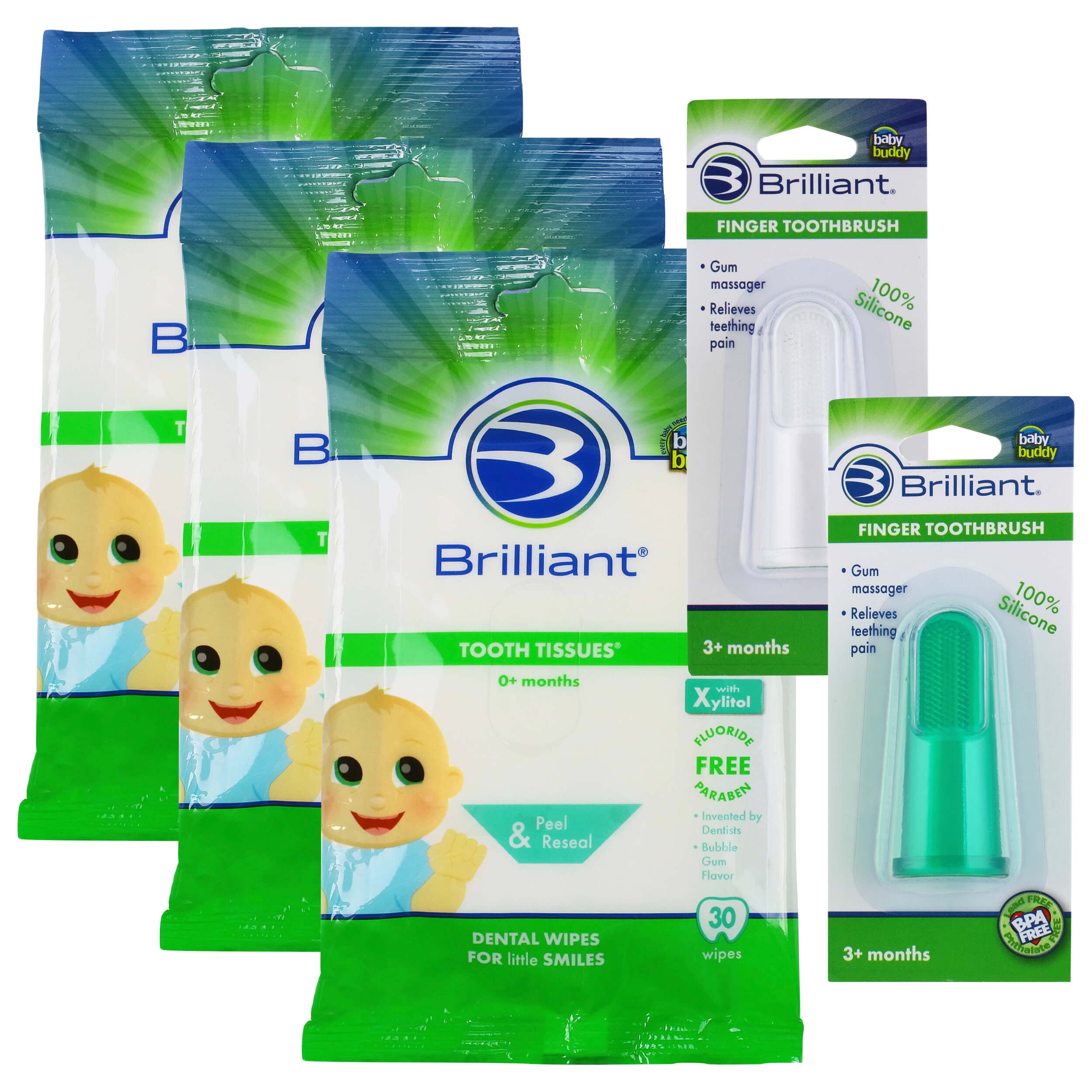 Brilliant Bundle with Tooth Tissues Bubblegum Flavor 90 Count with Silicone Finger Toothbrushes, Green-Clear, 2 Count