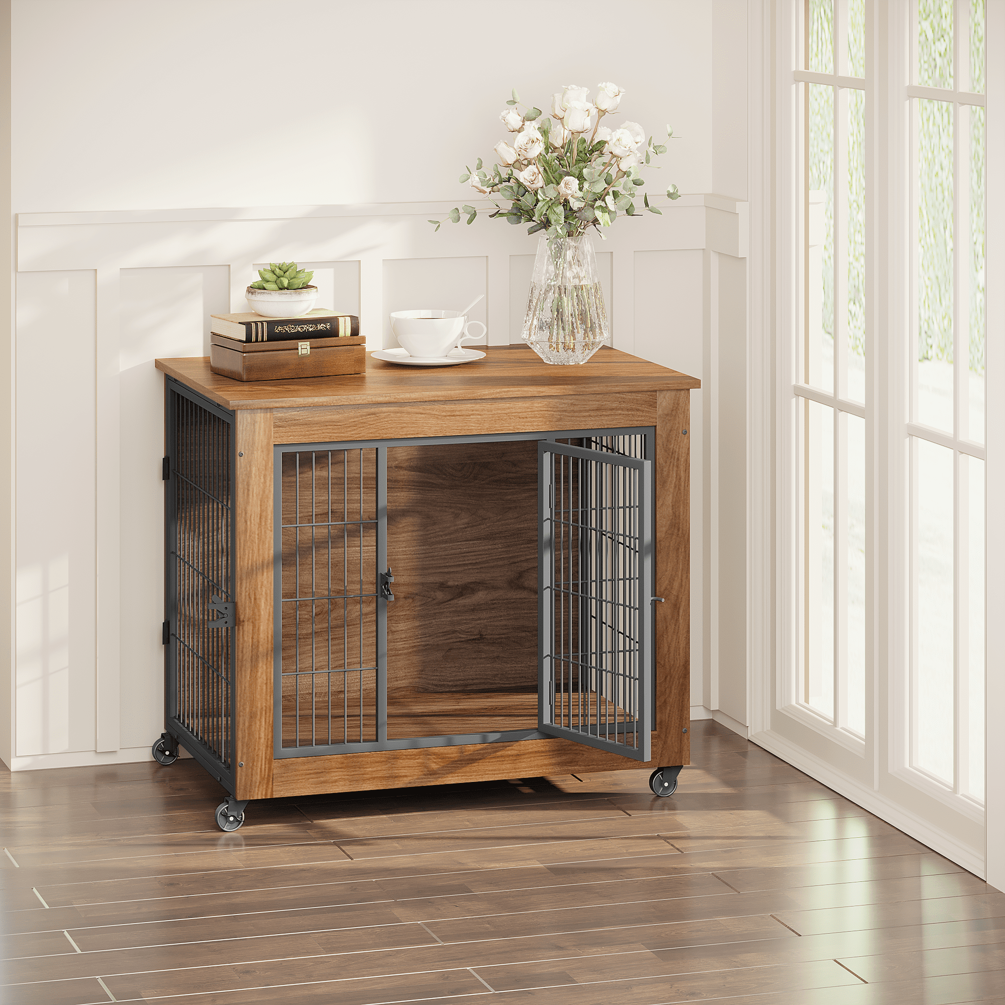 32.5" Dog Crate Furniture with Wheels for Small Dogs, Heavy Duty Dog Kennel Indoor with 2 Doors, Wooden Pet Cage End Table, Double-Doors Sturdy Metal Dog Cage for Anxiety Dog