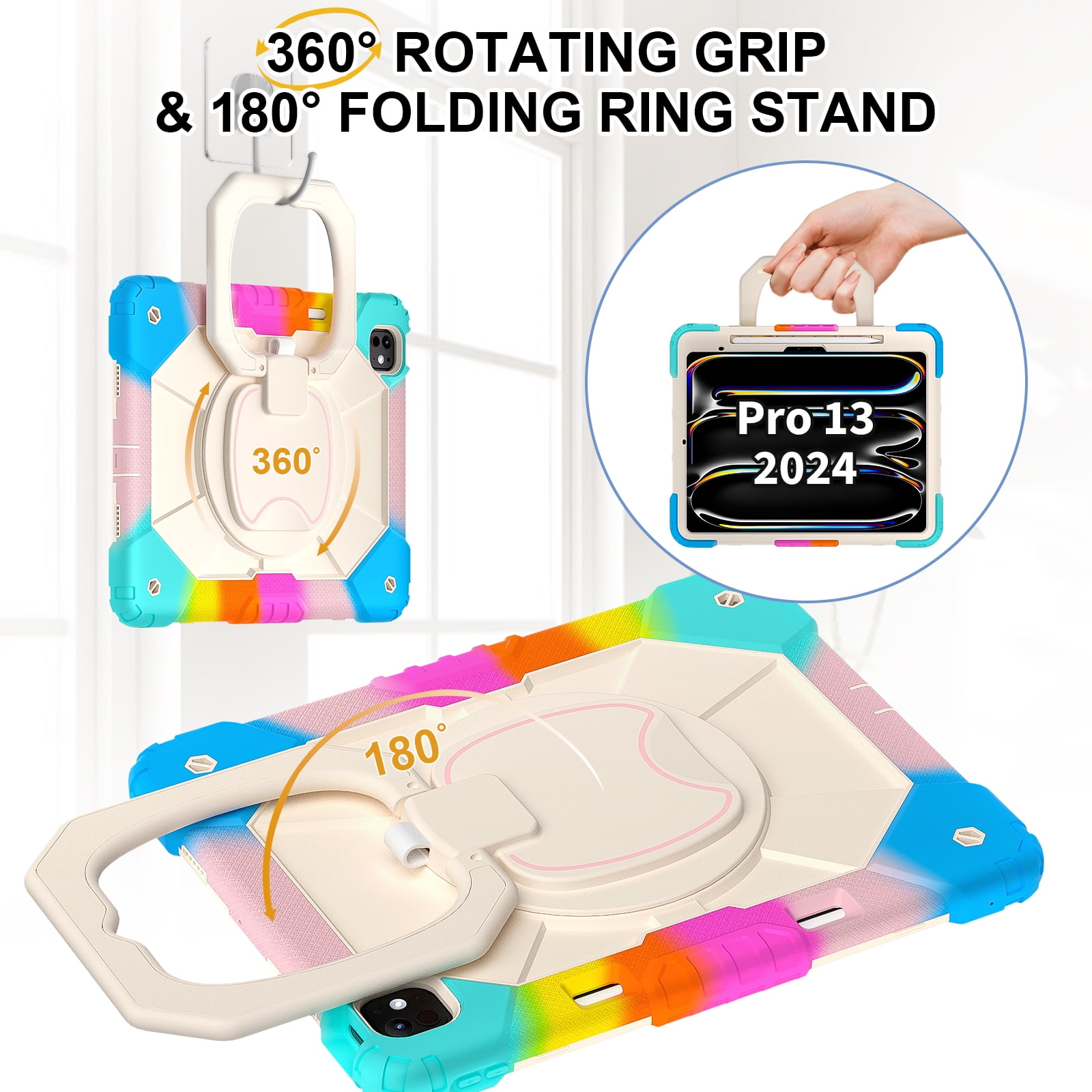 Decase Kids Case for Apple iPad Pro 13 13-inch (M5)(M4) 2025/2024,Shockproof Rotatable Stand Cover,Detachable Shoulder Strap,Rugged 3-Layer Tablet Shell with Pen Holder,Rainbow Blue