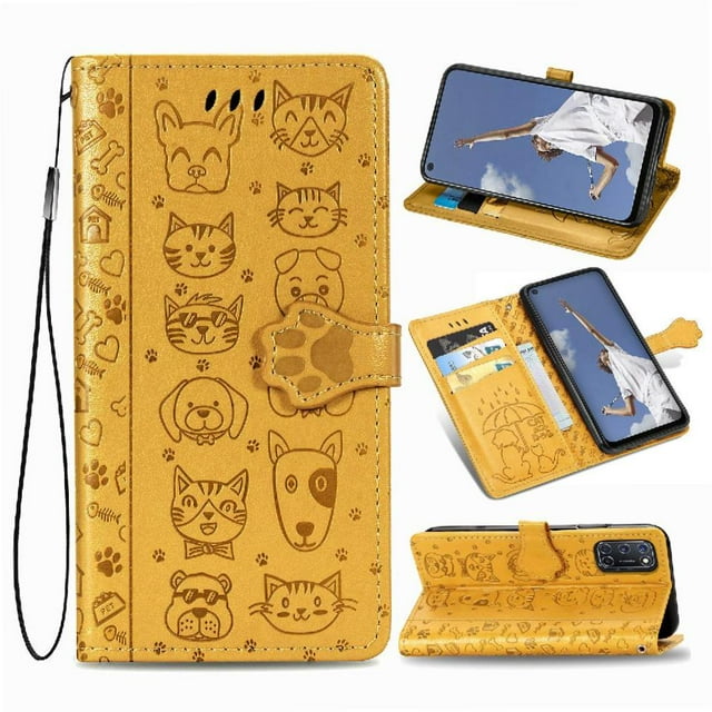 Étui à Rabat pour FOXDOCK OPPO A52 / A72 / A92, Chat Chien en Relief PU Cuir avec Fentes pour Cartes, Support