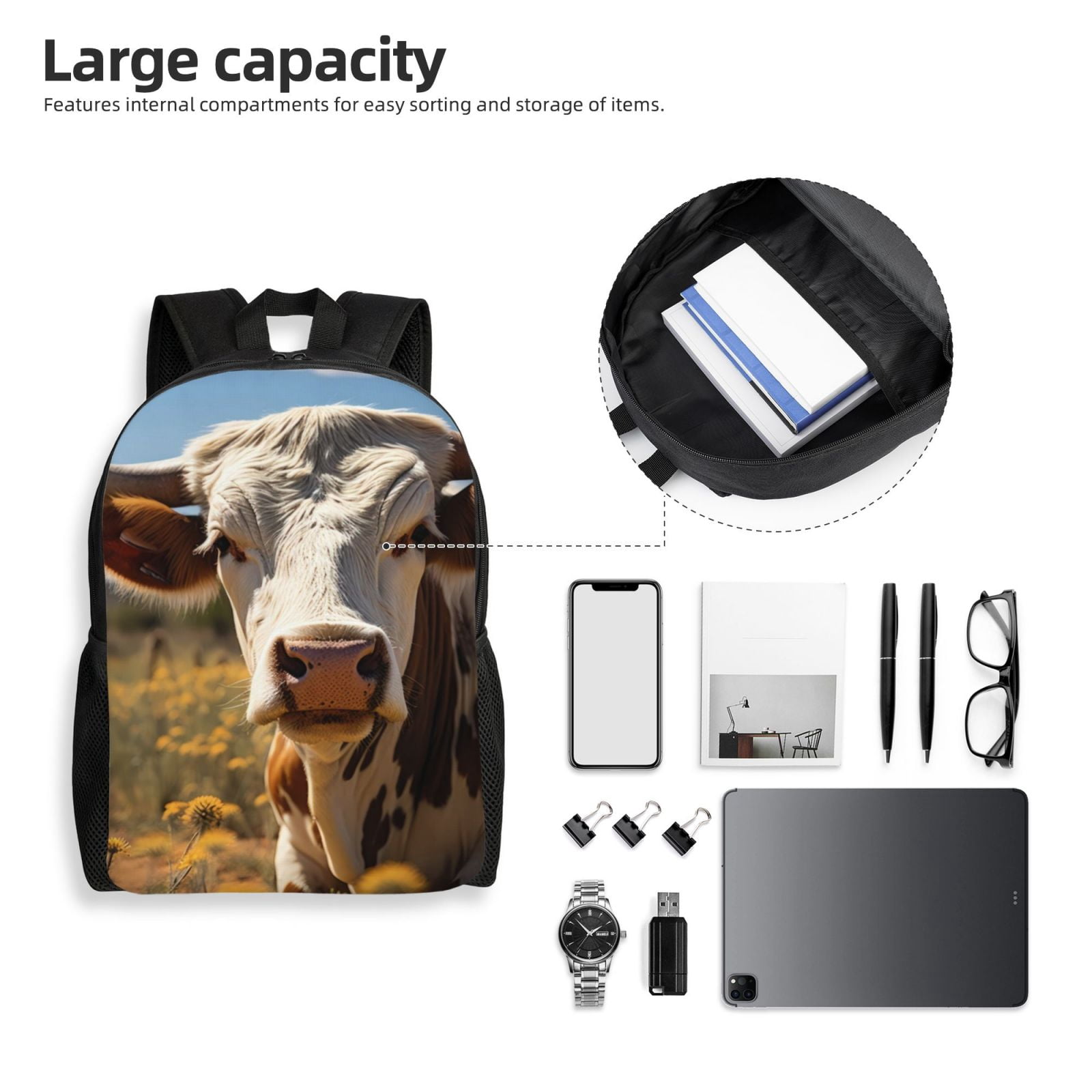 Xecao Countryside Flower Cow Print School Backpack with Laptop Compartment Small Travel Laptop Backpack for Women Men Waterproof College Backpack Simple School Bag