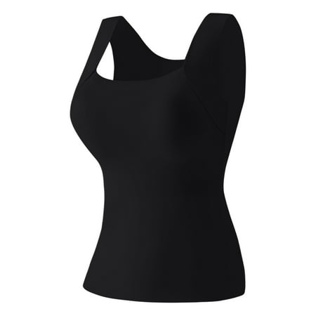Women s Tank Tops with Built-In Bra Scoop Neck Tummy Control Tank Babydoll Sports Camisole Breathable Racerback Body Shaper Black L