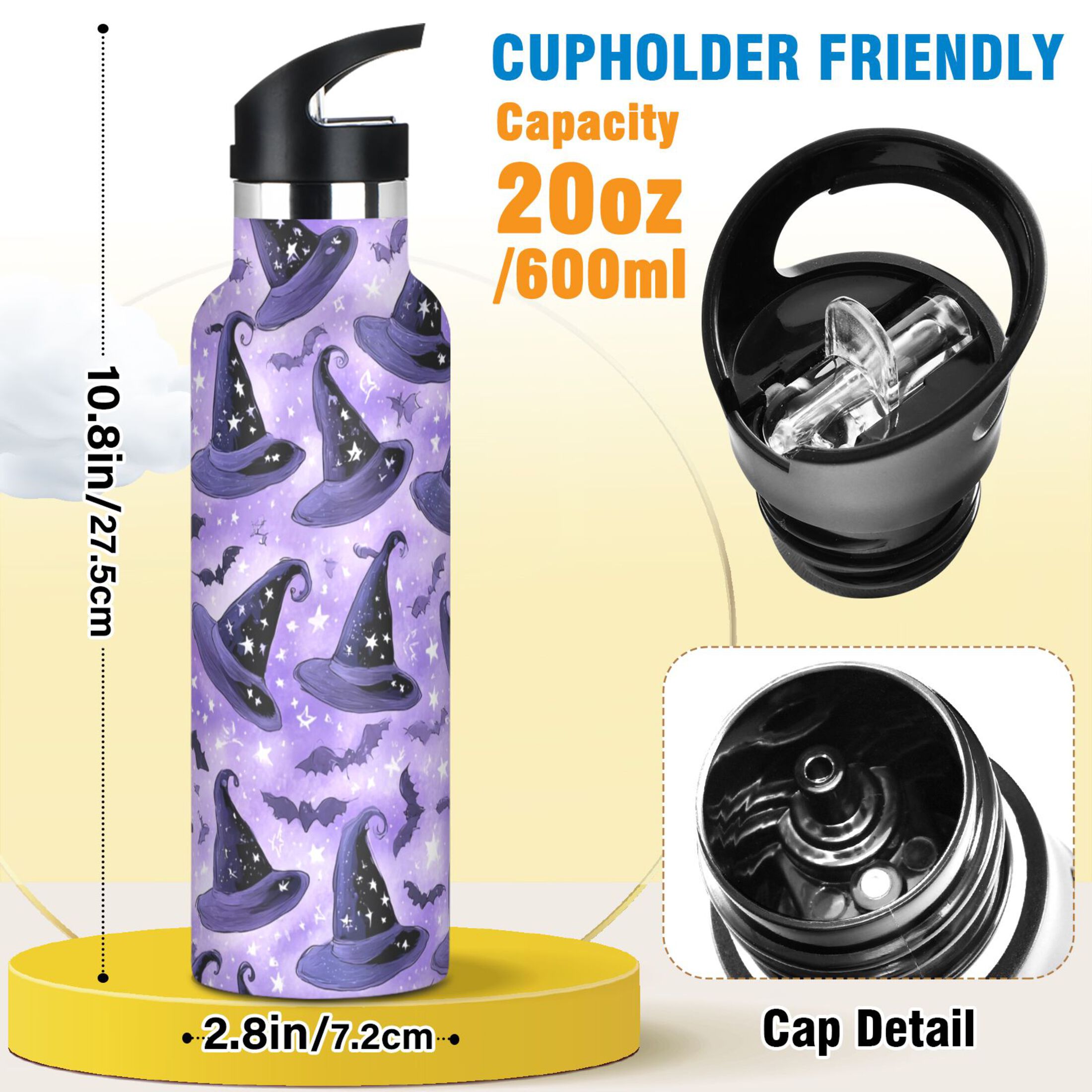 600ML Stainless Steel Insulated Cup Sports Water Bottle Portable Thermos Cup Water Glasses Insulated Tumblers Convenient and Durable Halloween Hat