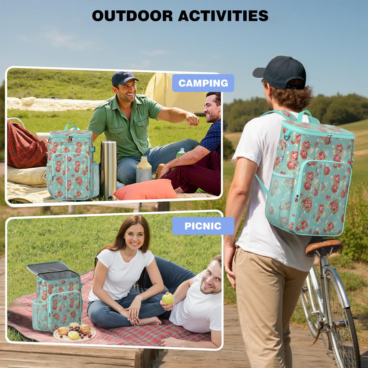 Travel Cooler Bag - Pioneer Flower Camping Beer Cooler Backpack with Bottle Opener- Waterproof Insulated Picnic Backpacks - Cooler Bag for Beach
