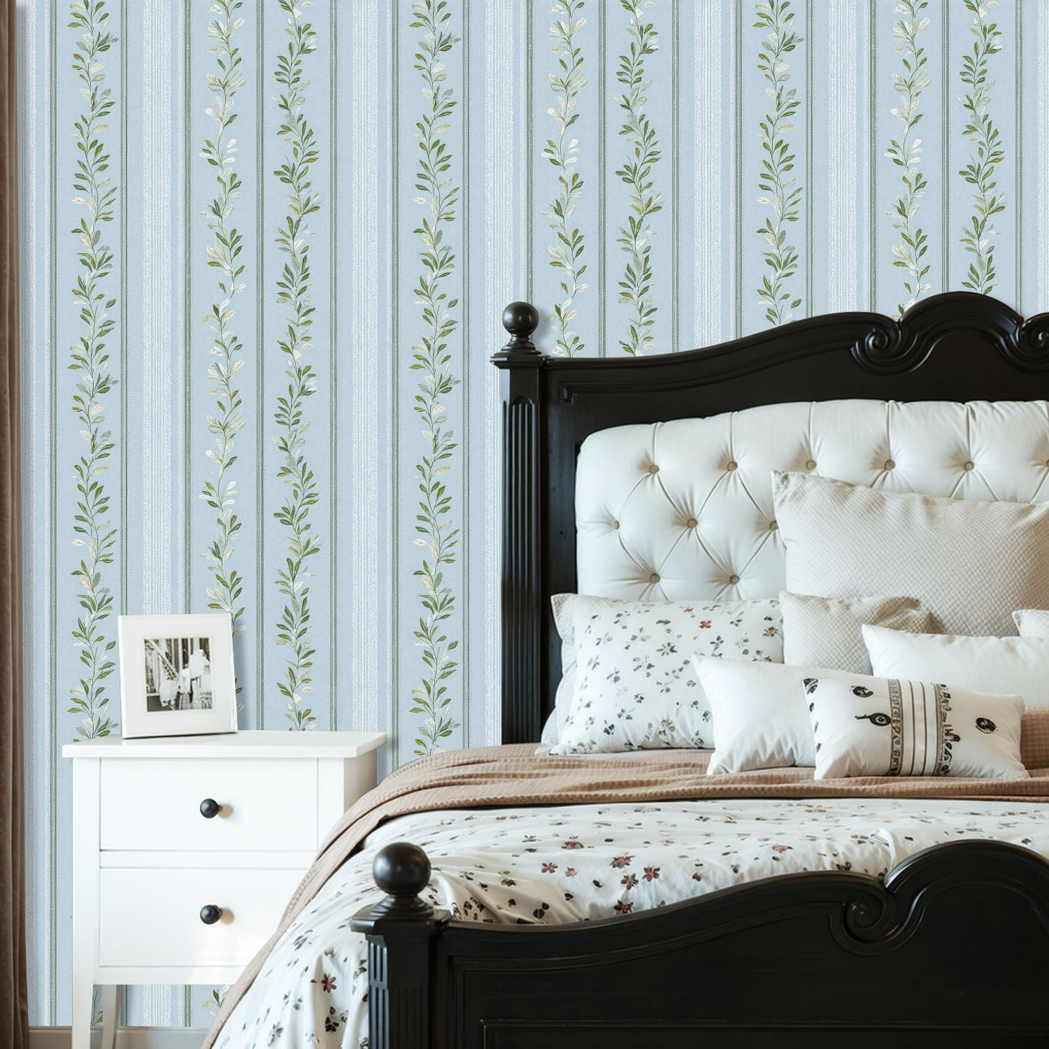 Sage Green Peel and Stick Wallpaper Elegant Floral Vine Light Blue Subtle Stripes Wall Mural 23.6in x 9.8ft Self Adhesive Removable Wall Paper Renter Friendly Wallpaper for Girls Bedroom