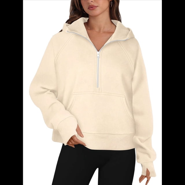 Sudadera Holgada de Larga con Capucha y Bolsillo con Media Cremallera para Mujer, Otoño e Invierno Albaricoque L