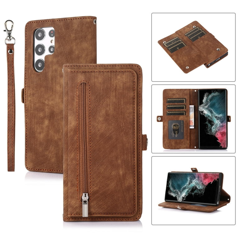 For Samsung Galaxy S24 Ultra Case Wallet – Folding Wallet Case with 3 Card  Slots and Phone Stand Function – Brown