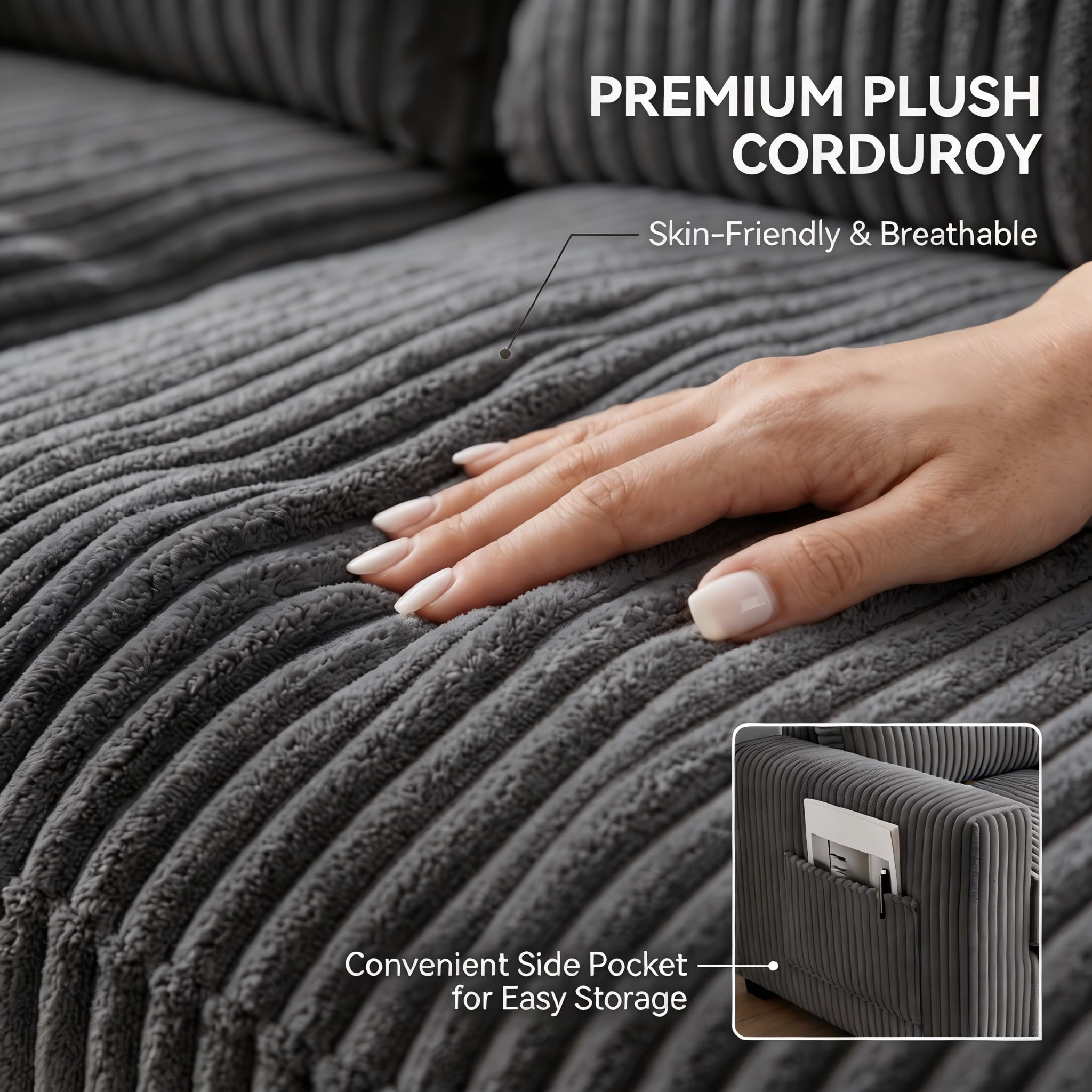 104" Cloud Sectional Sofa with Chaise, L-Shaped Corduroy Couch for Living Room, Zero Assembly, Memory Foam & Pocket Spring, Arrives in 2 Boxes, Left Facing (Grey)