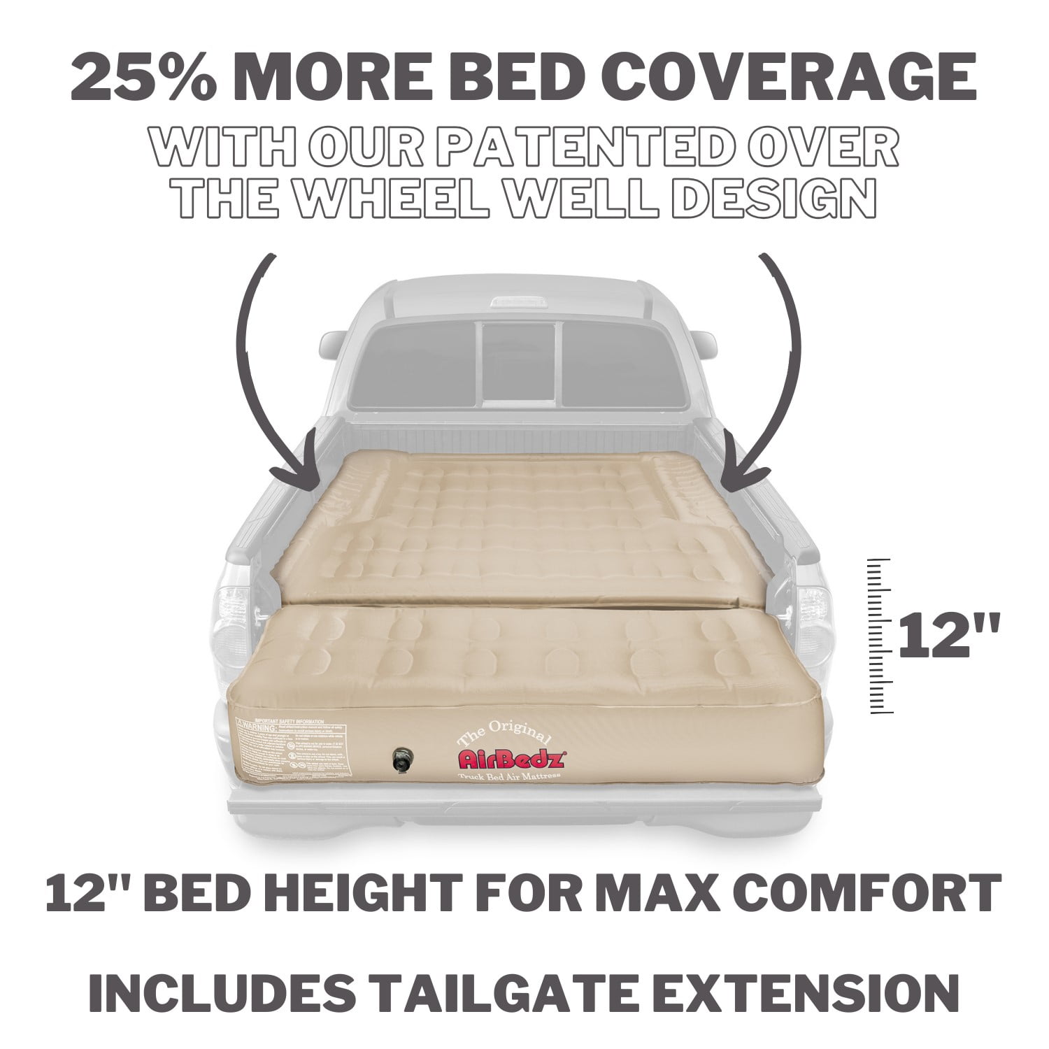 Airbedz by Pittman Outdoors - Truck Bed Air Mattress Full Size 5.5'-5.8' Ft Bed With Built-In Rechargeable Battery Air Pump & Includes Tailgate Extension Tan