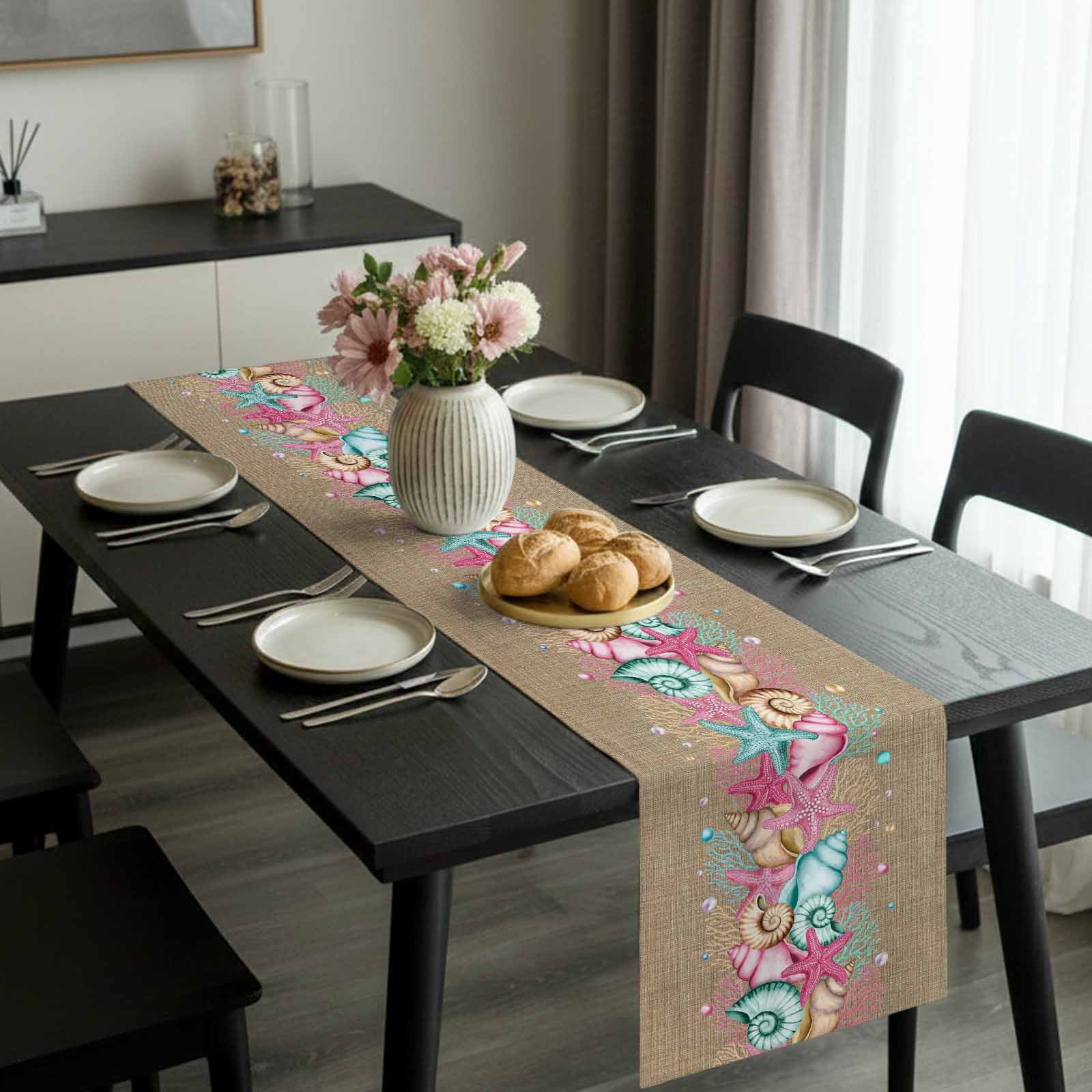 Summer Pink Table Runner, Starfish Shell Coral Beach Marine Life Brown Linen Washable Cotton-linen Table Runners Dining Kitchen Decoration for Everyday Home Wedding Party Decor, 13 x 90 Inch