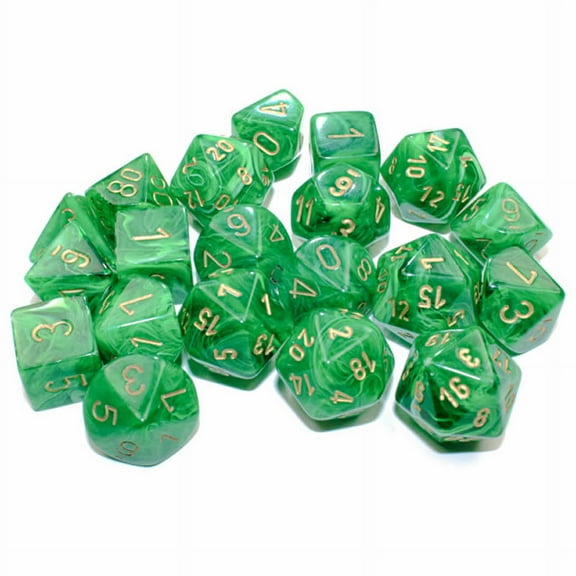 Green Vortex Dice with Gold Colored Numbers 16mm (5/8in) Pack of 20 Chessex