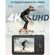 SEREE Digital Camera 4K 64MP 16X Zoom Autofocus Compact Youtube Camera with 32GB SD Card and 2 Batteries Black