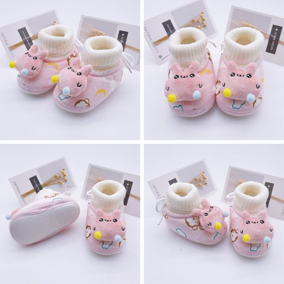 Baby Boys Girls Fleece Booties Infant Newborn Bedroom Shoes House Slippers Winter Crib Shoes Toddler Non-Slip Soft Sole First Walkers 0-18M Pink