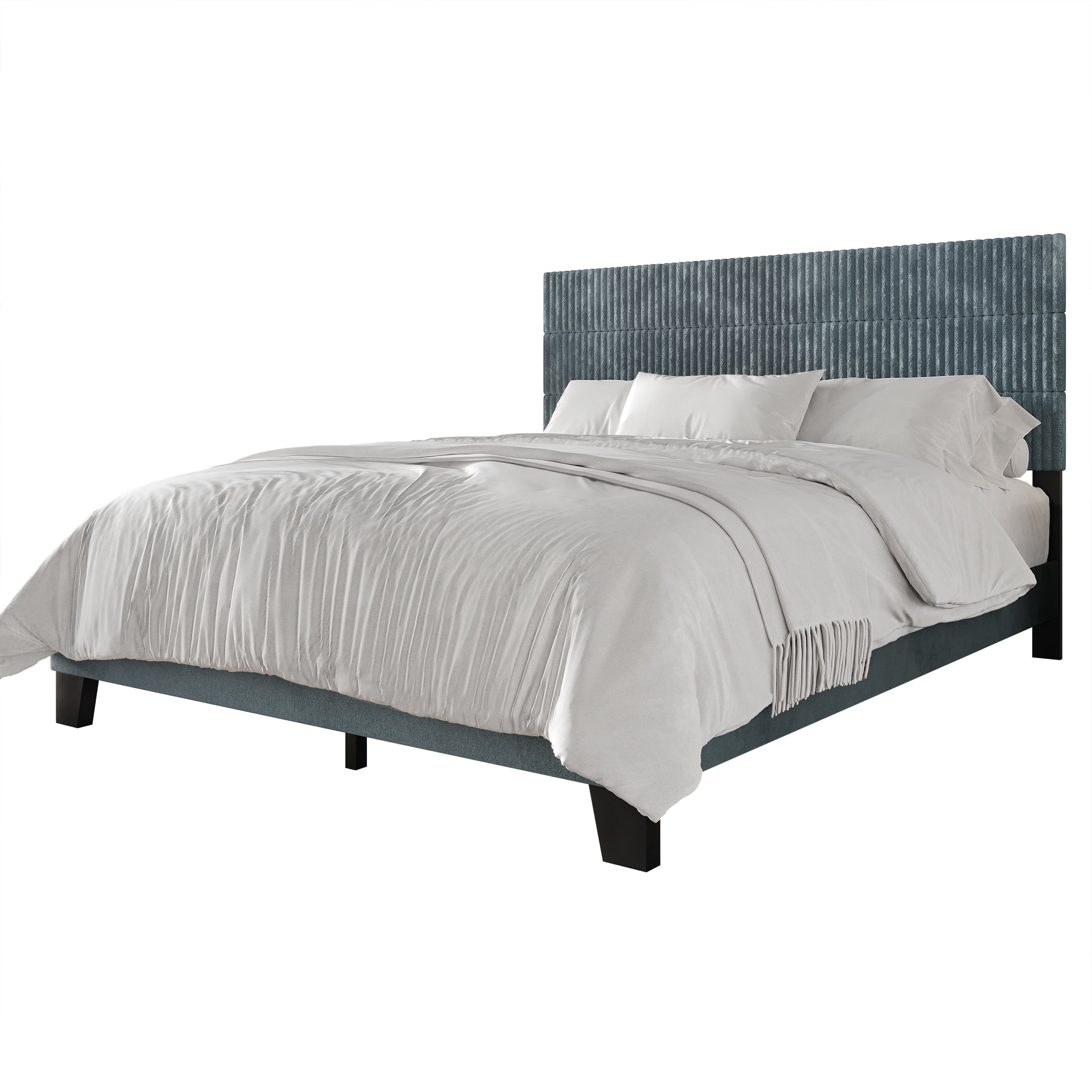 Castle Place Contemporary Corduroy Pleated Velvet Upholstered Queen Platform Bed, Light Blue