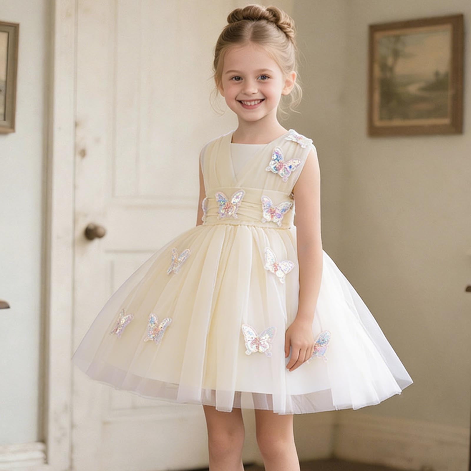 BLTIBY Toddler Baby Girls Princess Dress 3D Butterfly Birthday Sleeveless Tulle Formal Wedding Party Tutu Dresses Beige 6-7Years