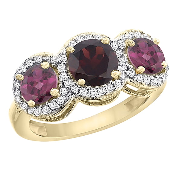 14K Yellow Gold Natural Garnet & Rhodolite Sides Round 3-stone Ring Diamond Accents, size 9.5