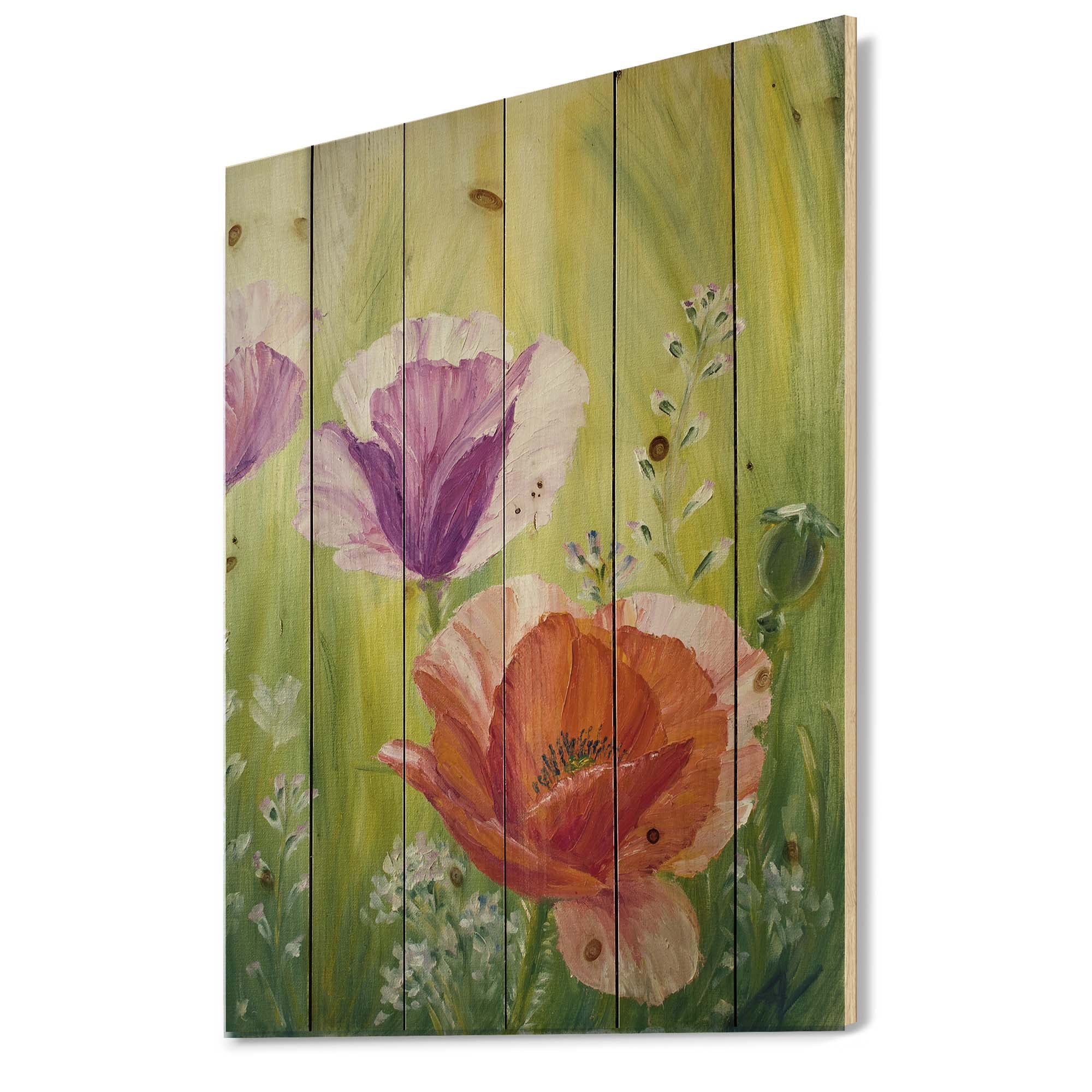 Designart 'Poppies In The Morning In Wild Green' Traditional Print on Natural Pine Wood