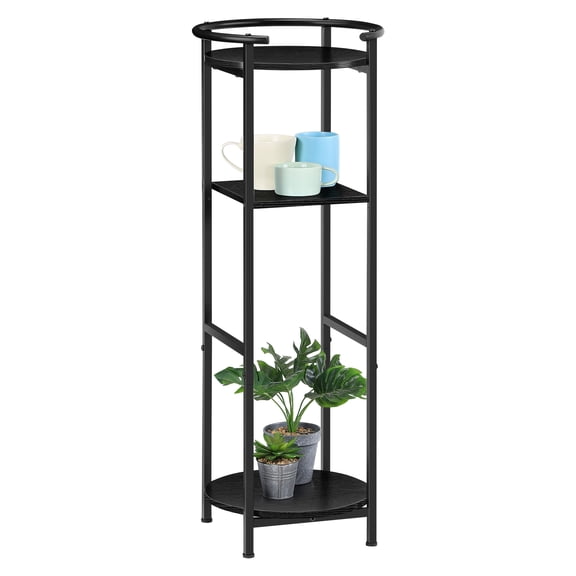 3-Tier Round Corner Shelf – Matte Black Metal Frame, Black Wood Shelves, Space-Saving Storage Rack for Bathroom, Living Room, Kitchen