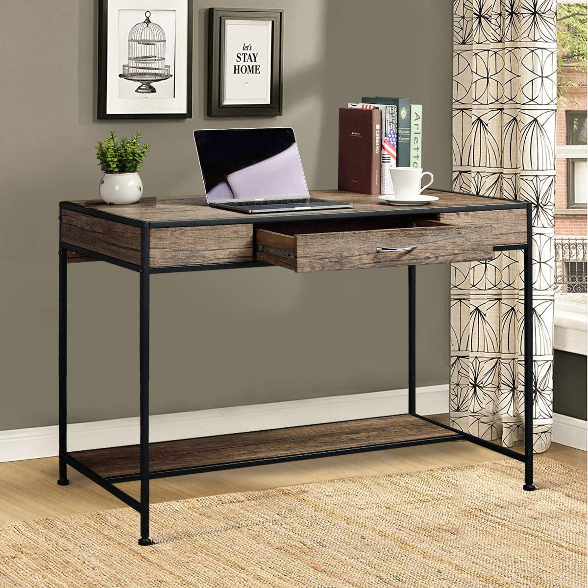 Homy Casa Large Writing Desk With Drawer 43x22 Rustic Computer Slim Metal Mdf Wood Grain Workstation For Brown Farmhouse