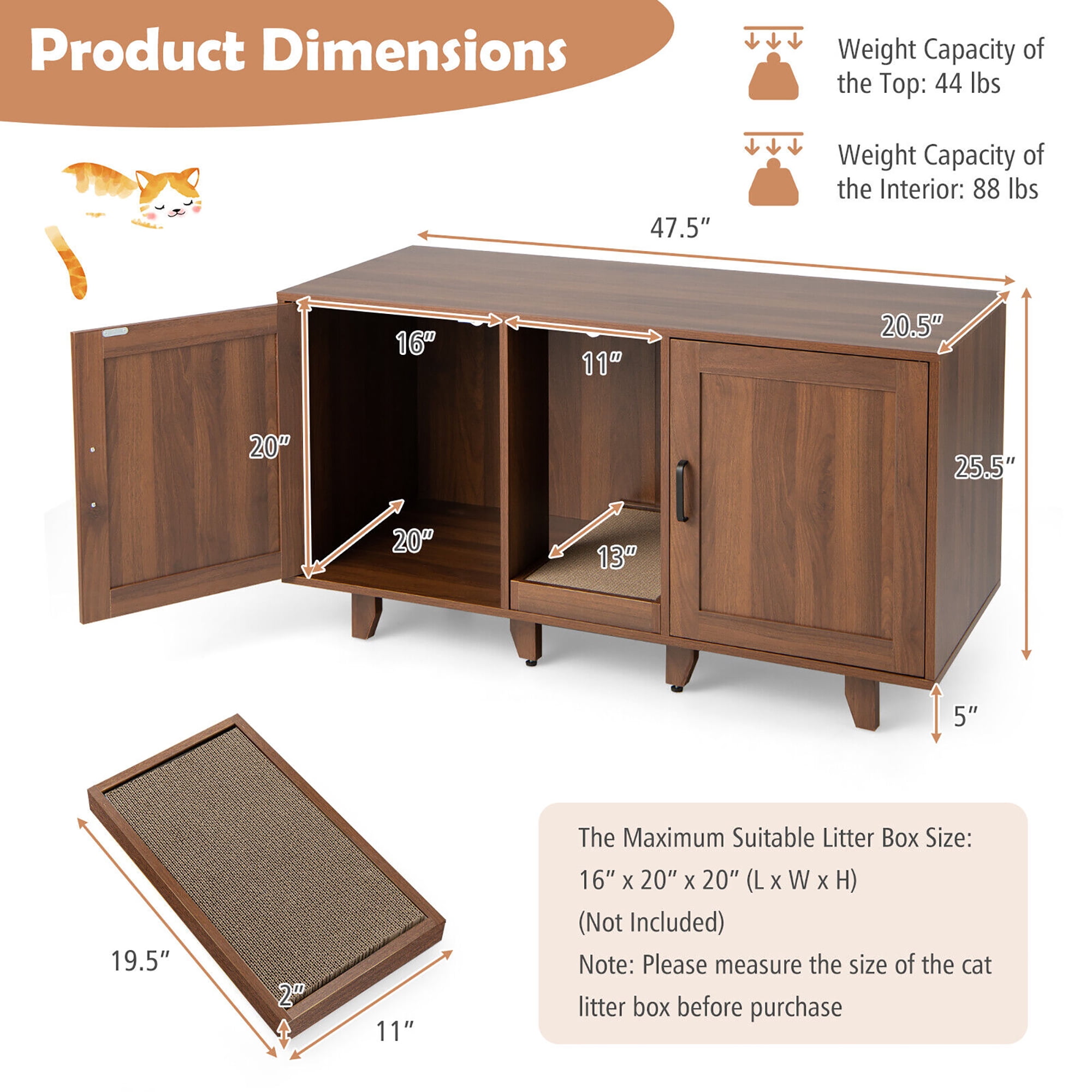 Gymax Cat Litter Box Enclosure Hidden Cat Washroom w/ 2 Doors Coffee Patented