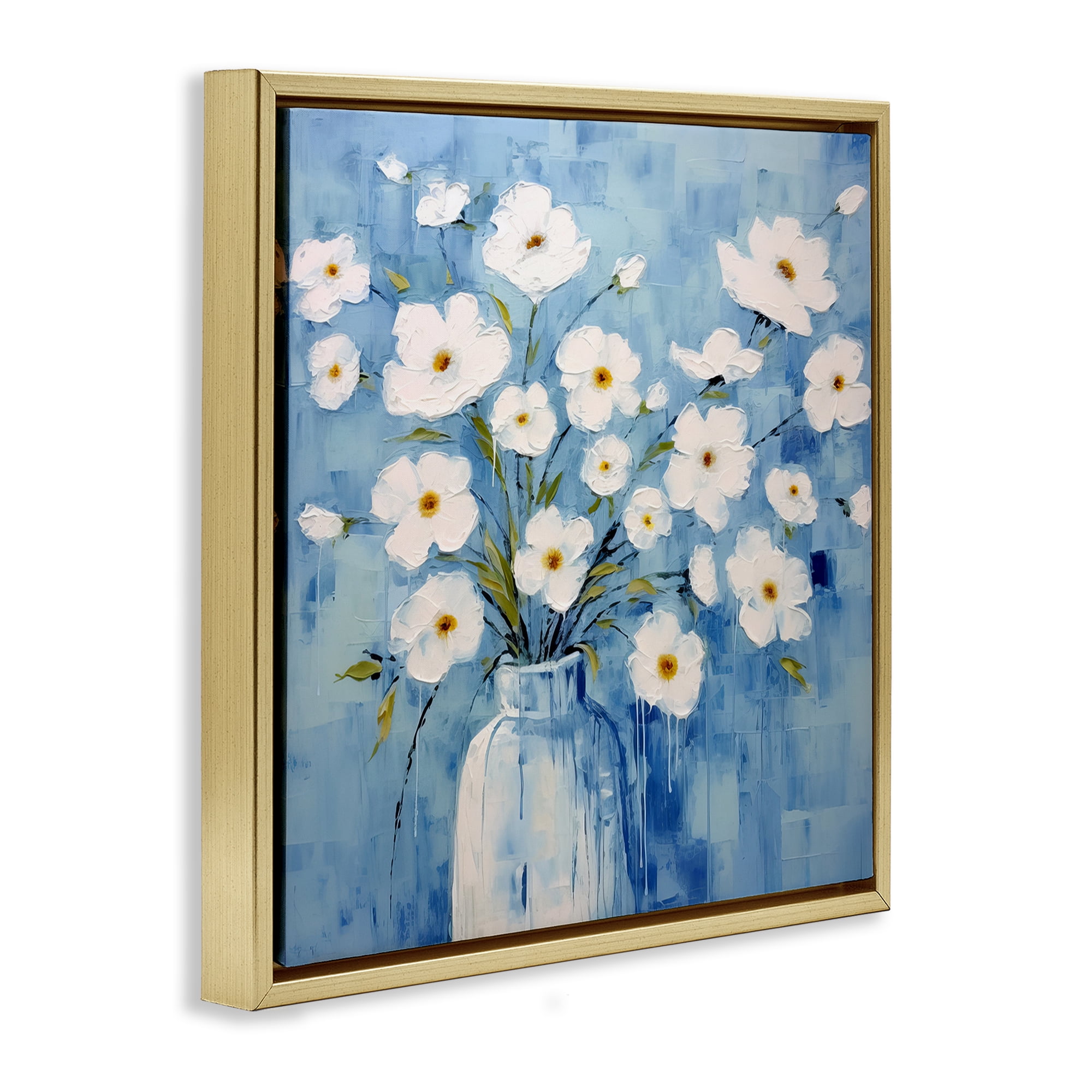 Stupell Industries White Blooms with Paint Drip Plants & Flowers Painting Gold Floater Framed Canvas Art Print Wall Art, 18 x 18