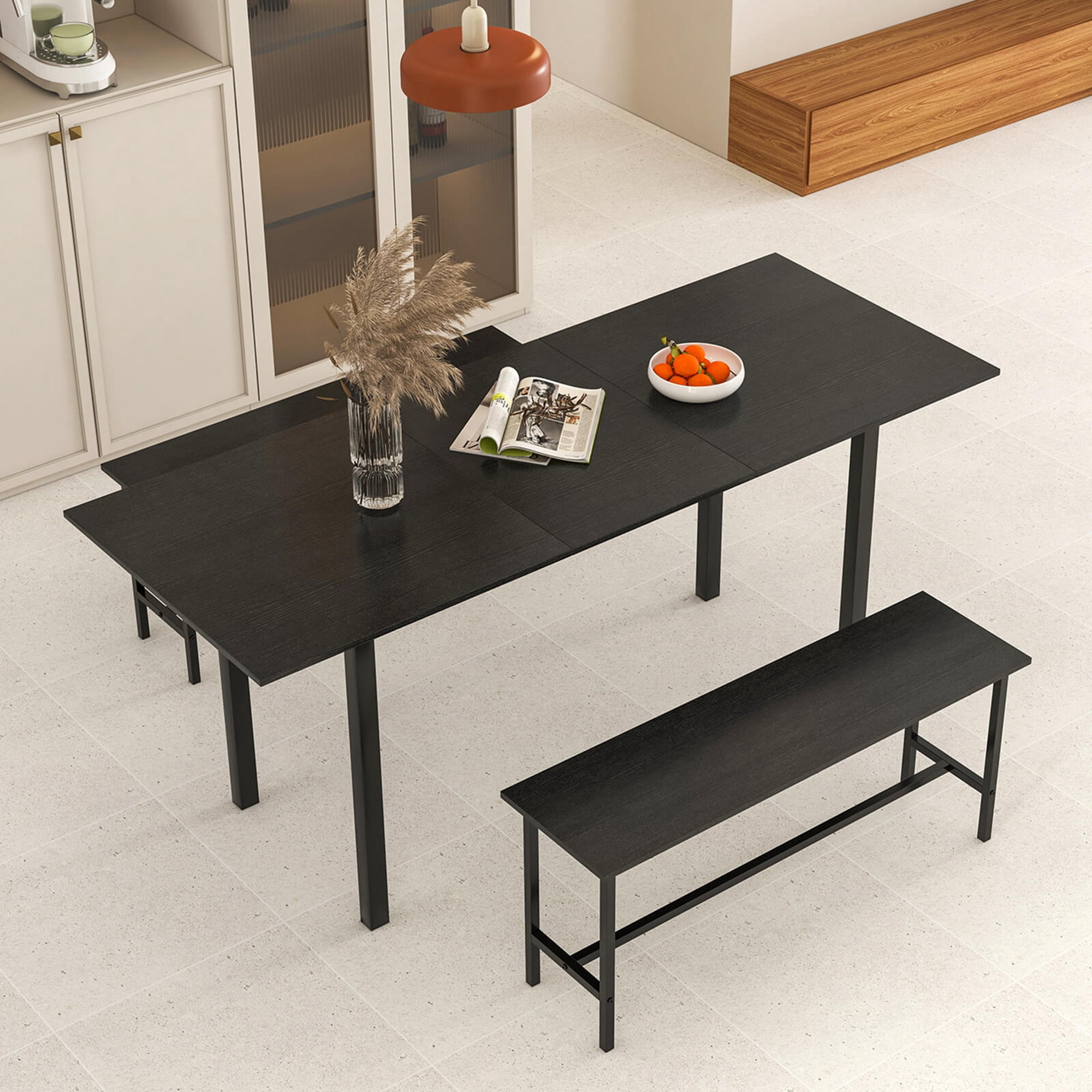 Costway 3 Piece Dining Table Set for 4-6  63"Kitchen Table with 2 Benches Metal Frame Black