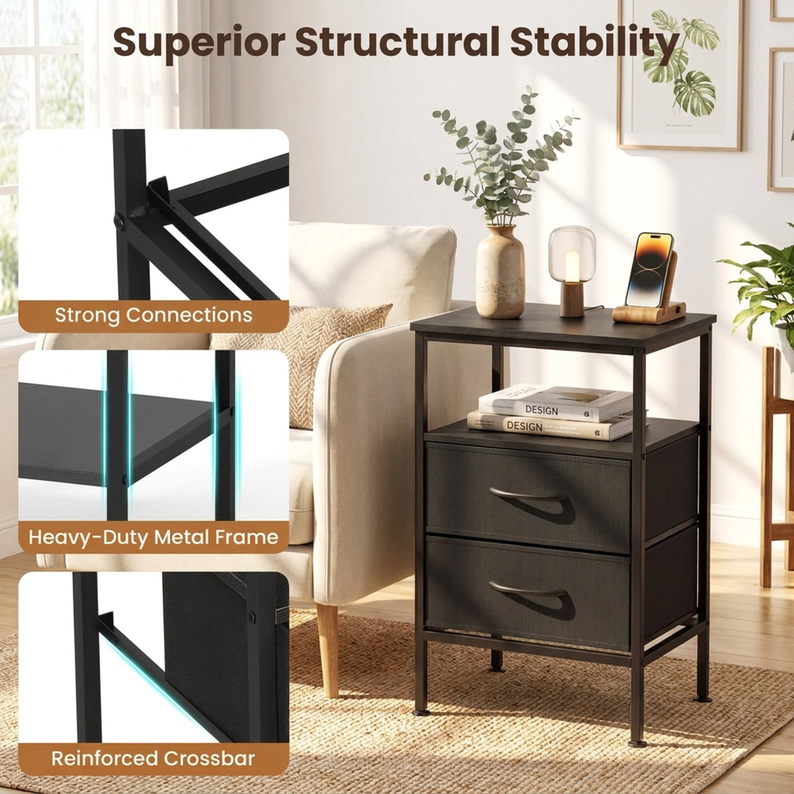 Furnibear Nightstand with Charging Station 24.5 inch Modern Bedside Table with 2 Fabric Drawers for Bedroom Living Room Bedside Sofa Side, Black