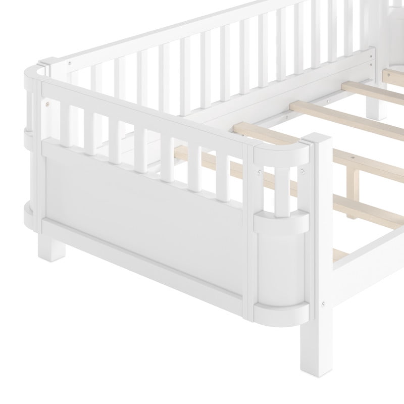 Bellemave Twin Size Bed with Removable Rails, Solid Wood Montessori Bed with Headboard and Footboard, Rounded Corners Twin Platform Bed with Fence, No Box Spring Needed, White