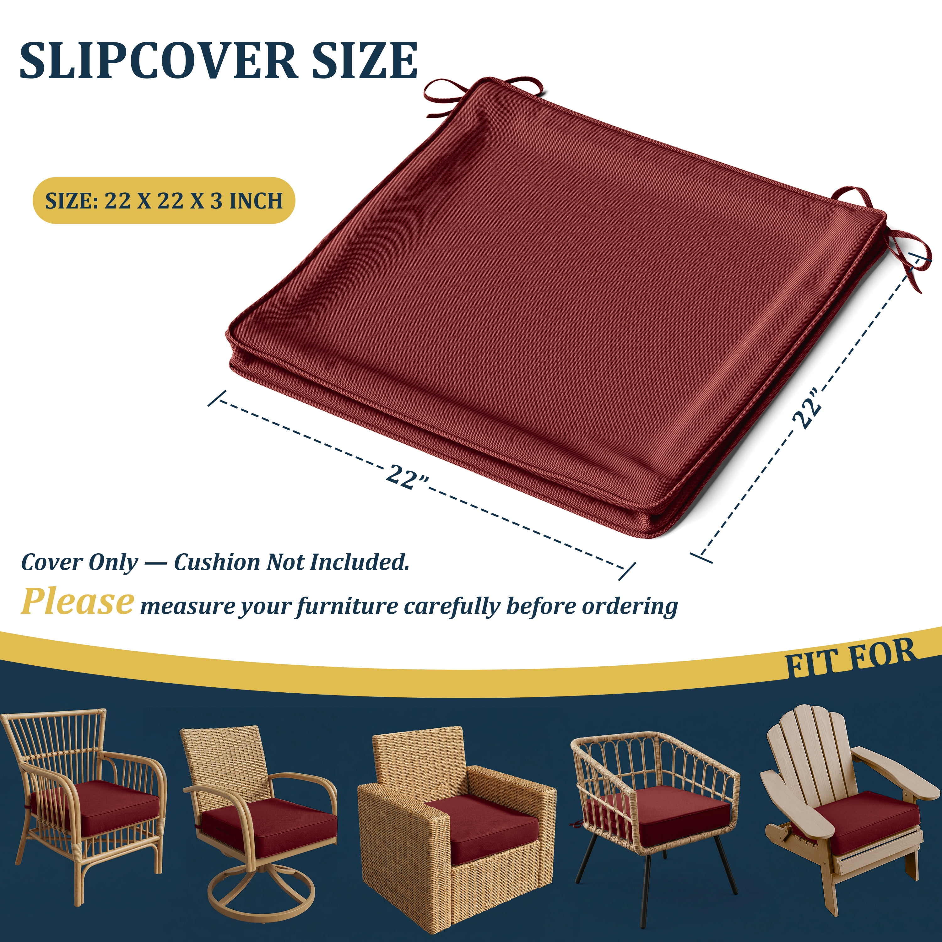 Kimunuk 6Pcs Outdoor Chair Cushions Slipcovers, 22" x 22" Burgundy Replacement Waterproof Non-Slip Patio Seat Cushion Covers with Handle, Covers Only