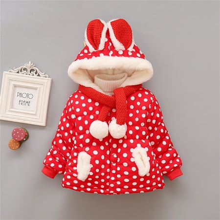 

ZHUASHUM Baby Girls Boys Polka Dot 3D Ear Hooded Winter Warm Windproof Outwear With Scarf Coat For Kid