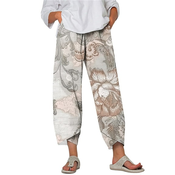 Cxenplz Ladies Harem Pants Summer Lightweight Cozy Loose Fitting Khaki Pants Straight Legs Flower Embroidary Fashion Knitted Capris Pants for Women