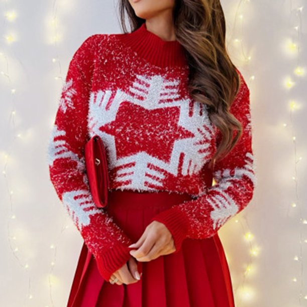 Suéteres De Punto Suéteres Mujer Casual Navidad Copo de nieve Jacquard Traje de vacaciones Ygjytge Rojo T L para Mujer