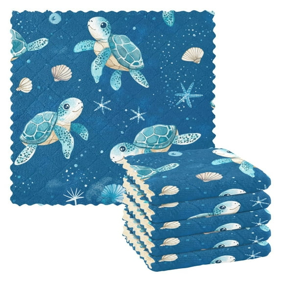 6PCS Dish Towels and Dish Cloths Reuseable Dishcloths Sets for Washing Dishes, Cooking, Baking Size 11" x 11" Cute Turtles Pattern