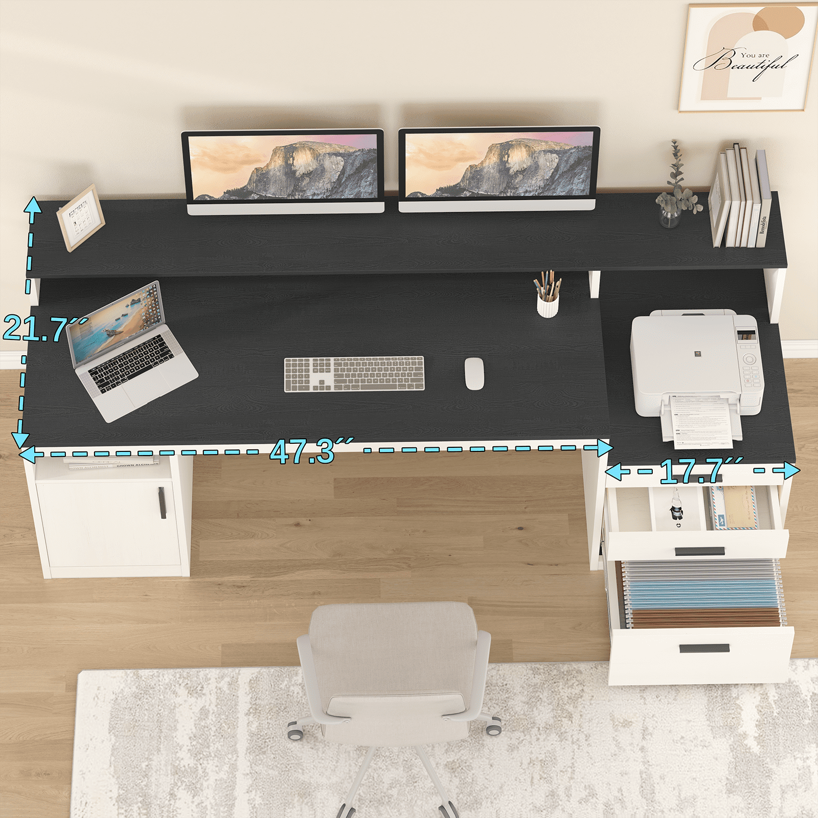 65 Inch Computer Desk with 3 Drawers & Storage Shelves, Executive Desk with File Drawer & Cabinet, Home Office Desk with Long Monitor Stand & Printer Shelf, Black & White