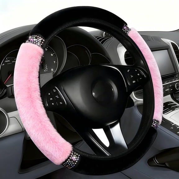RIONIMA Fluffy Steering Wheel Cover 15" with Bling Rhinestones,Pink|Anti-Slip Soft Plush Steering Wheel Protector,Easy Installation Universal Car Interior Accessories for Women Girls