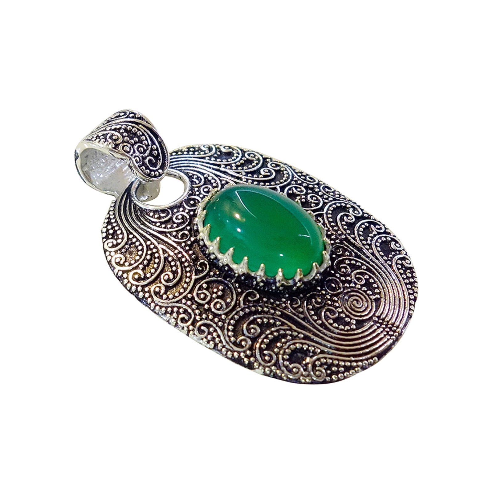 Tibetan Silver Handmade Jewelry Tribal Filigree Green Onyx Gemstone Pendant for Women Elegant Contemporary Design