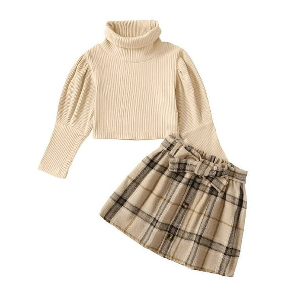Mikrdoo Baby Girls Clothes Stand-up Collar 18 Months Infant Girls Long Sleeve Shirts Plaid 24 Months Infant Girls Skirts 2Pcs Outfits Apricot