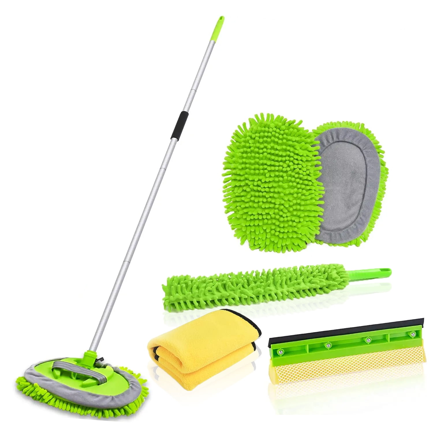 9Pcs 62'' Car Wash Brush with Long Handle Chenille Microfiber Car Wash Mop Mitt Kit Car Cleaning Supplies RV Wash Brush, Window Squeegee, Microfiber Duster, Microfiber Towels, Mop Head Replacement